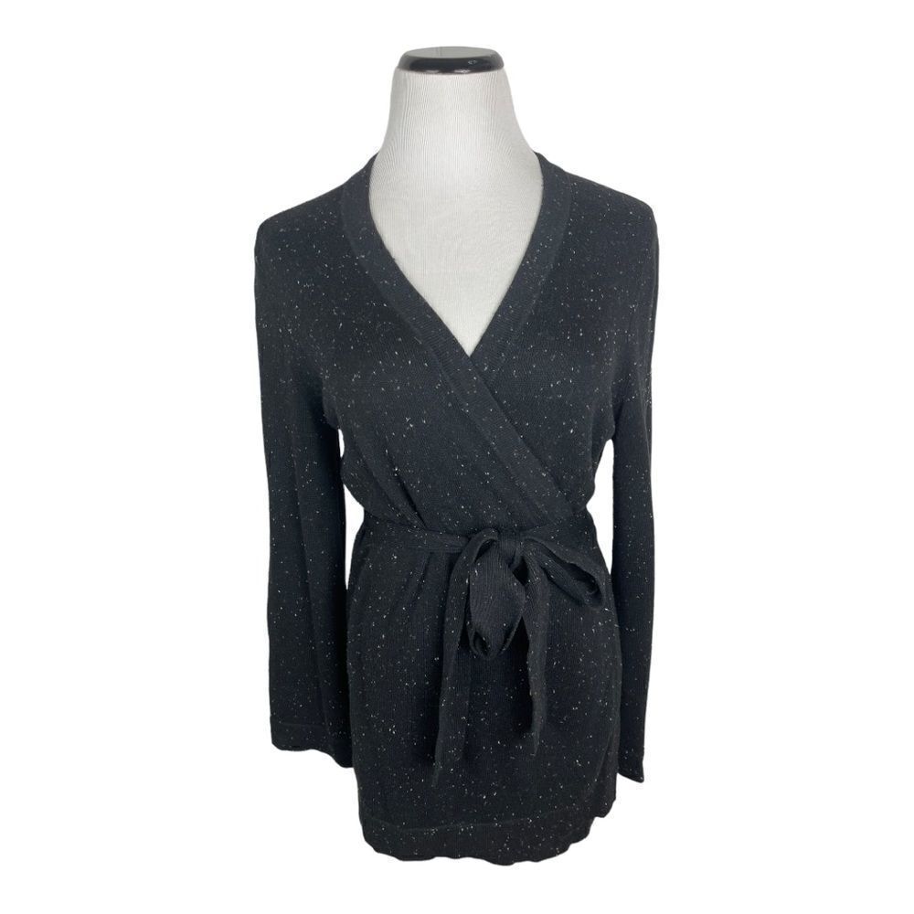 LOFT Black Speckled Wrap Cardigan L Petite Soft Knit Belted Cozy Fall Sweater